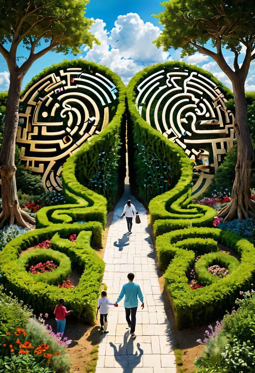 A labyrinth of vibrant, intertwining pathways representing a tumor maze, with diverse individuals holding hands and guiding each other through. Surrounding the maze, symbols of education, wellness, and innovation emerge, such as lightbulbs, hearts, and books, intertwined with medical imagery. The scene is set under a bright sky, illuminating the paths with hope and guidance. super-realistic. vibrant colors. 3D.