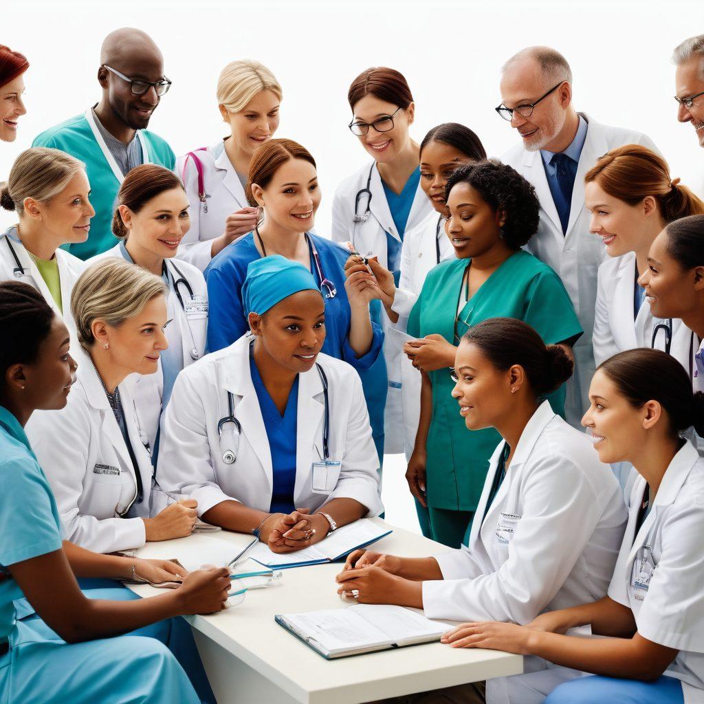 A dynamic scene depicting a diverse group of patients and healthcare professionals engaged in a collaborative discussion about oncology. The setting features modern treatment tools and educational materials, emphasizing awareness and support. Soft light illuminates their faces, fostering a sense of hope and empowerment. Incorporate vibrant colors to highlight the positivity of the environment. super-realistic. vibrant colors. white background.