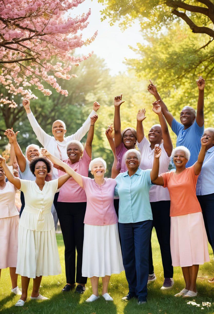 A compassionate scene depicting a diverse group of cancer survivors celebrating together in a sunlit park, with a backdrop of blooming flowers symbolizing hope and resilience. Include elements like comforting gestures, supportive hands, and a banner of encouragement in the air. The image should convey warmth, unity, and triumph over adversity. super-realistic. vibrant colors. soft focus.